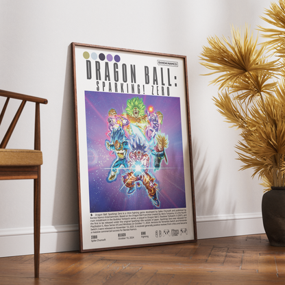 A framed Dragon Ball: Sparkling Zero art print leaning against a white wall on a wooden floor, with a wooden chair on the left and a potted palm on the right.