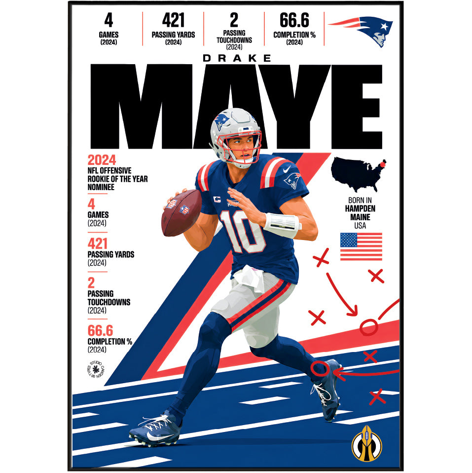 Drake Maye poster, New England Patriots NFL wall art print in a boy's bedroom - 98types