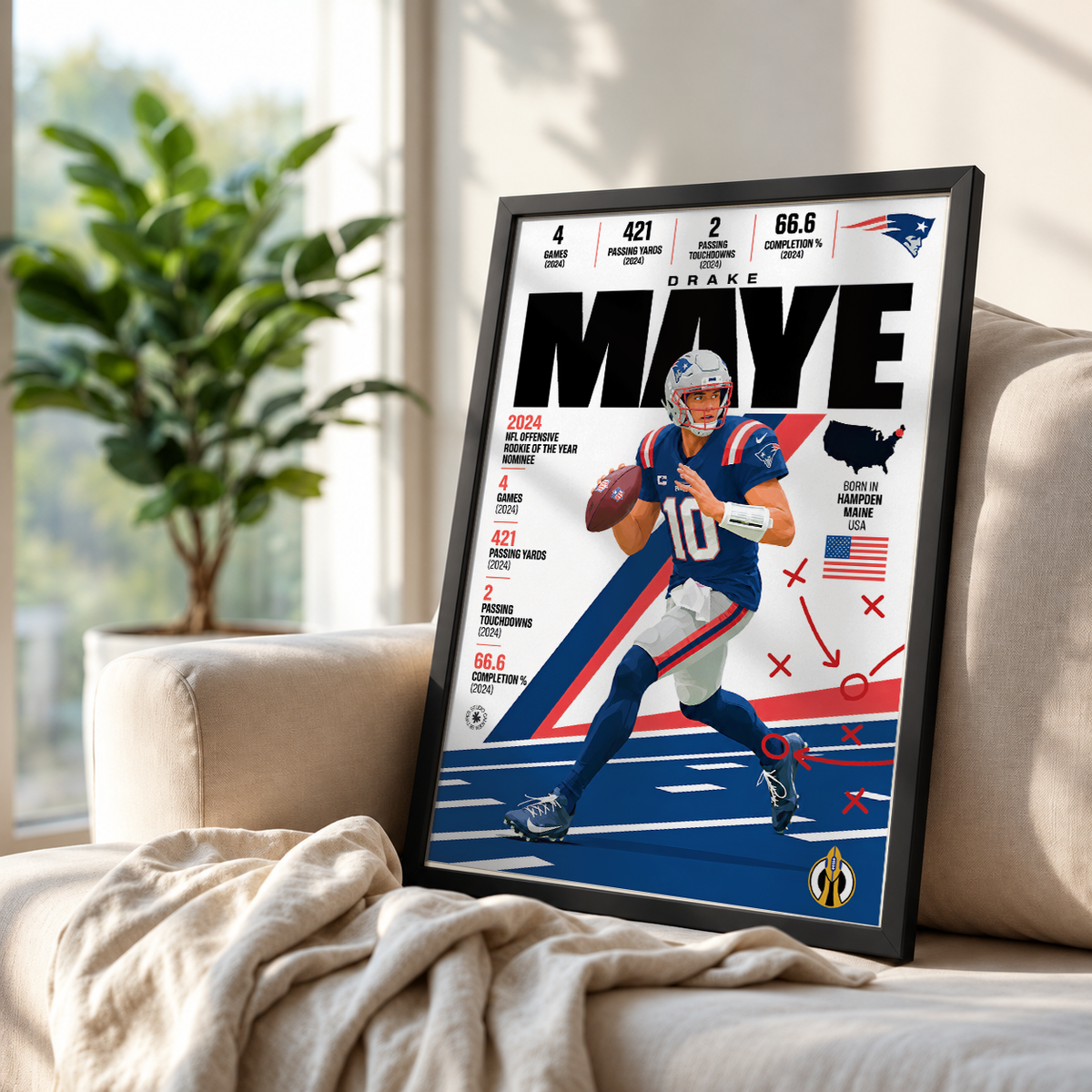 Drake Maye poster, New England Patriots NFL wall art print in a boy's bedroom - 98types