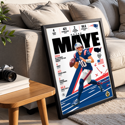 Drake Maye poster, New England Patriots NFL wall art print in a boy's bedroom - 98types