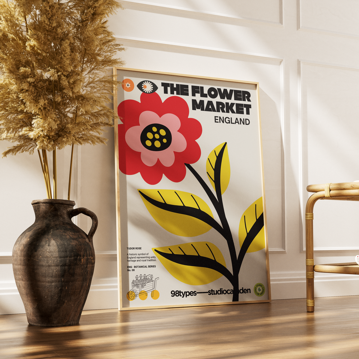 The Flower Market England Rose Tudor Rose botanical poster print UK — national flower graphic wall art 260gsm printed in England Camden Market