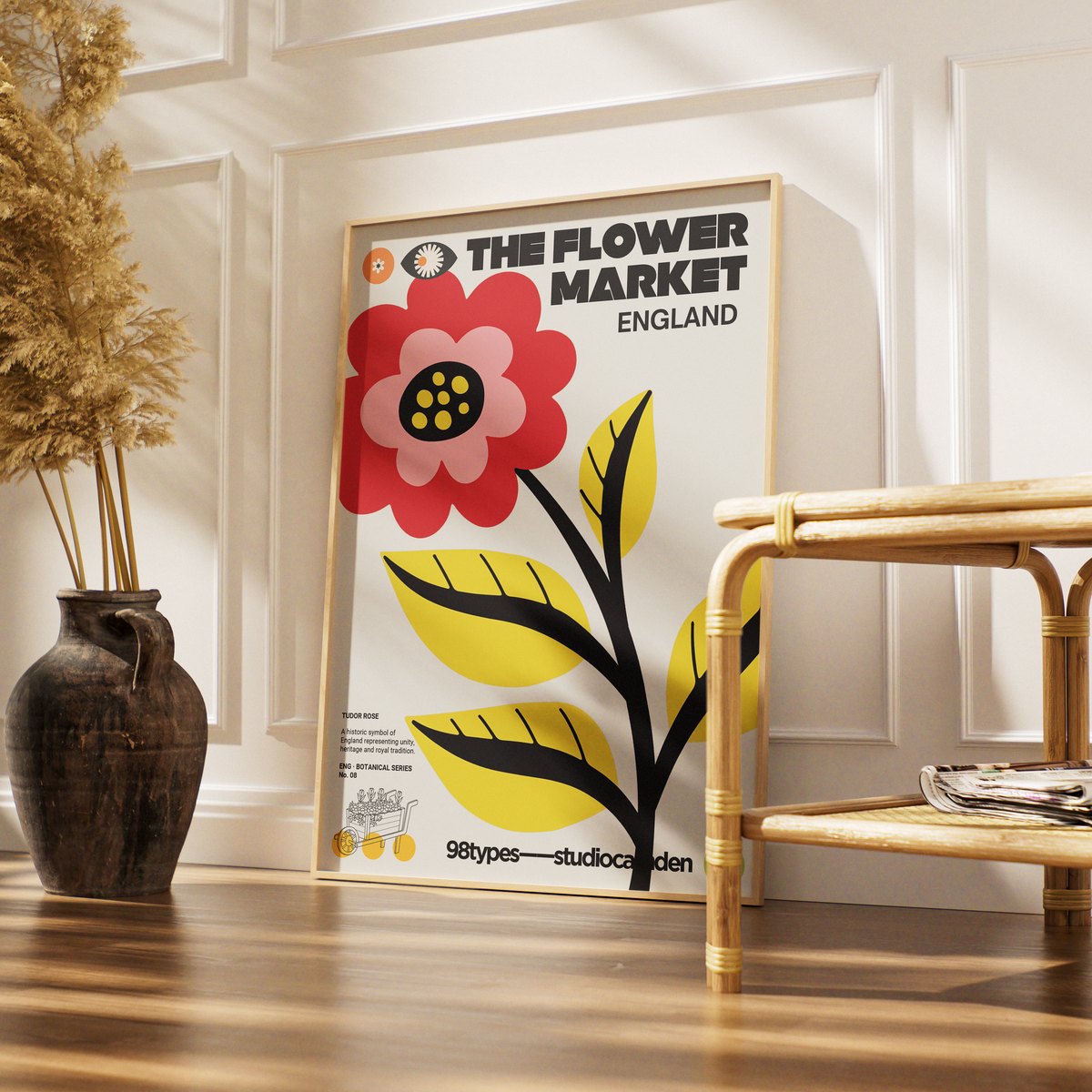 The Flower Market England Rose Tudor Rose botanical poster print UK — national flower graphic wall art 260gsm printed in England Camden Market
