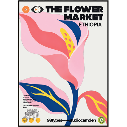 The Flower Market Ethiopia Calla Lily botanical poster print UK — graphic floral wall art 260gsm printed in England Camden Market 98types