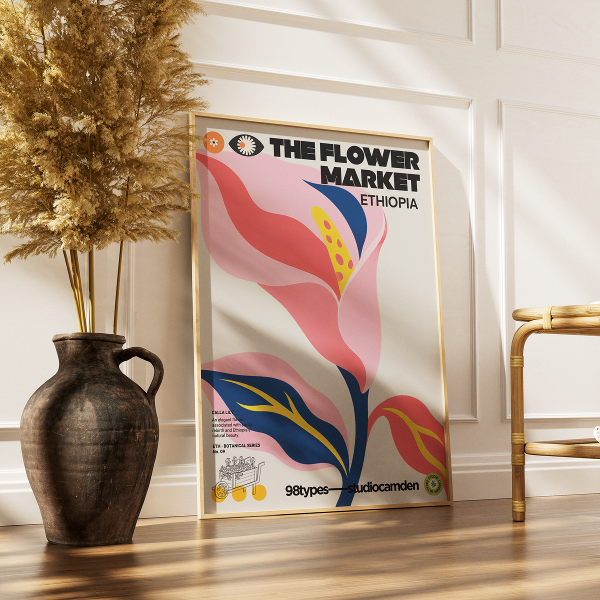 The Flower Market Ethiopia Calla Lily botanical poster print UK — graphic floral wall art 260gsm printed in England Camden Market 98types