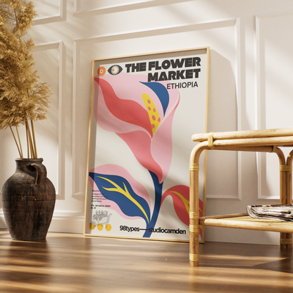 The Flower Market Ethiopia Calla Lily botanical poster print UK — graphic floral wall art 260gsm printed in England Camden Market 98types