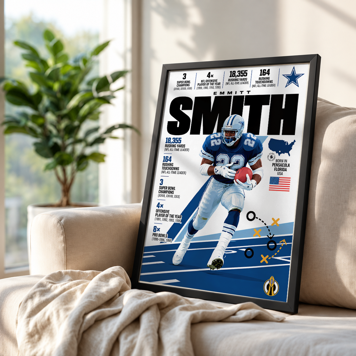 Emmitt Smith poster, Dallas Cowboys NFL wall art print in a boy's bedroom - 98types
