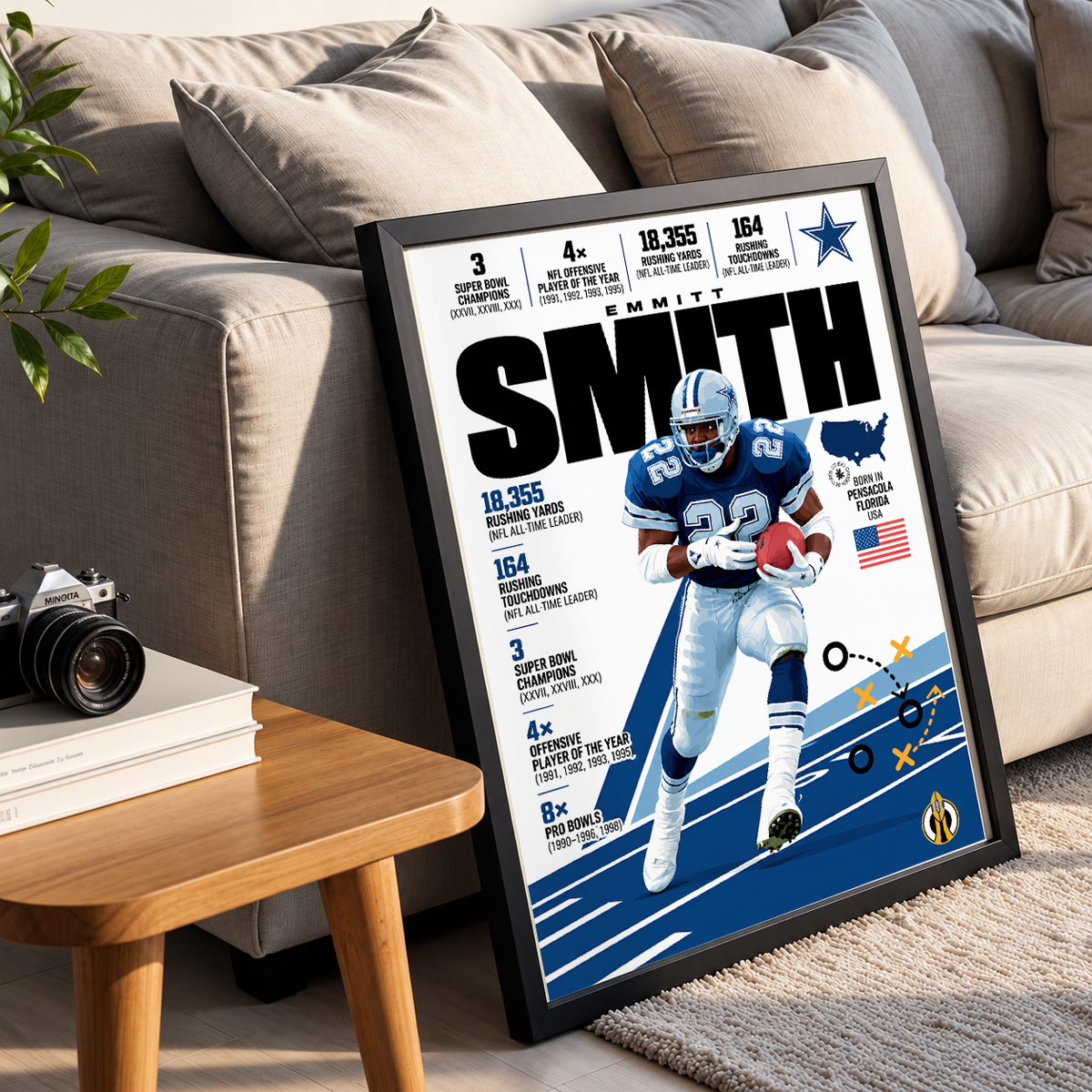 Emmitt Smith poster, Dallas Cowboys NFL wall art print in a boy's bedroom - 98types