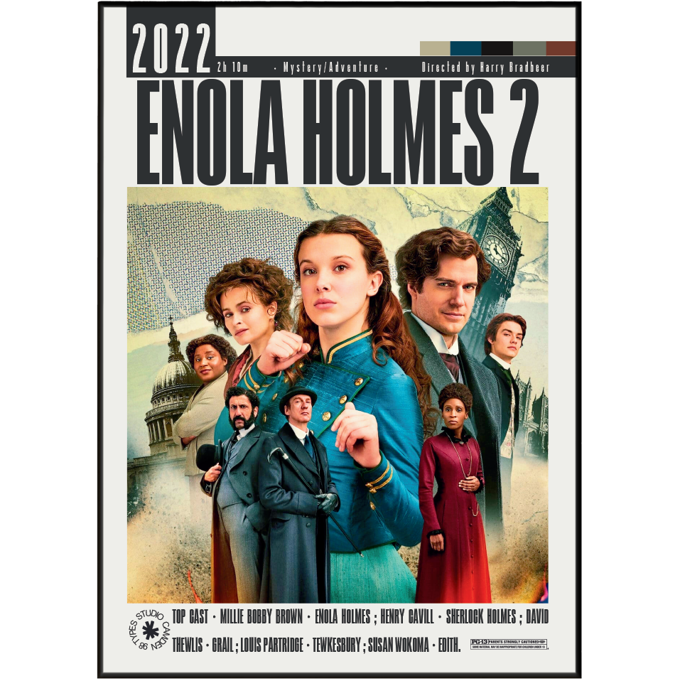 Movie poster for Enola Holmes 2, featuring cast members including Millie Bobby Brown, Emily Douglas, and Henry Cavell in a vintage illustrated style with a black border and title text at the top.