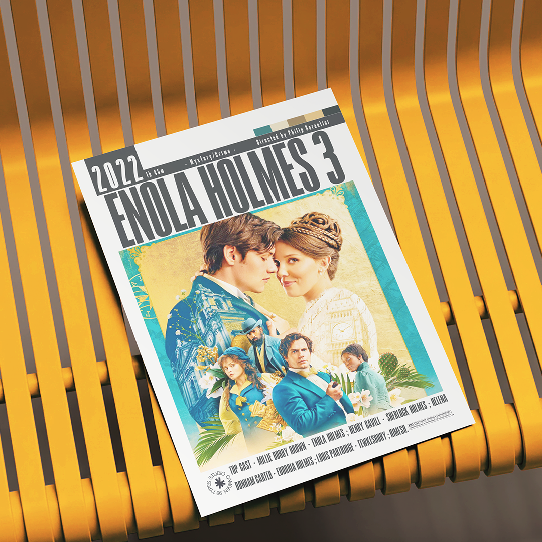 A movie poster for 'Enola Holmes 3' is displayed on a yellow slatted bench. The poster features a white border with the title 'ENOLA HOLMES 3' in bold black letters at the top, and a colorful illustration of Enola and her father, along with other characters, set against a warm yellow background.