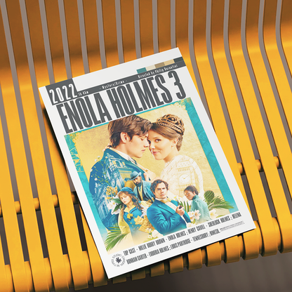 A movie poster for 'Enola Holmes 3' is displayed on a yellow slatted bench. The poster features a white border with the title 'ENOLA HOLMES 3' in bold black letters at the top, and a colorful illustration of Enola and her father, along with other characters, set against a warm yellow background.