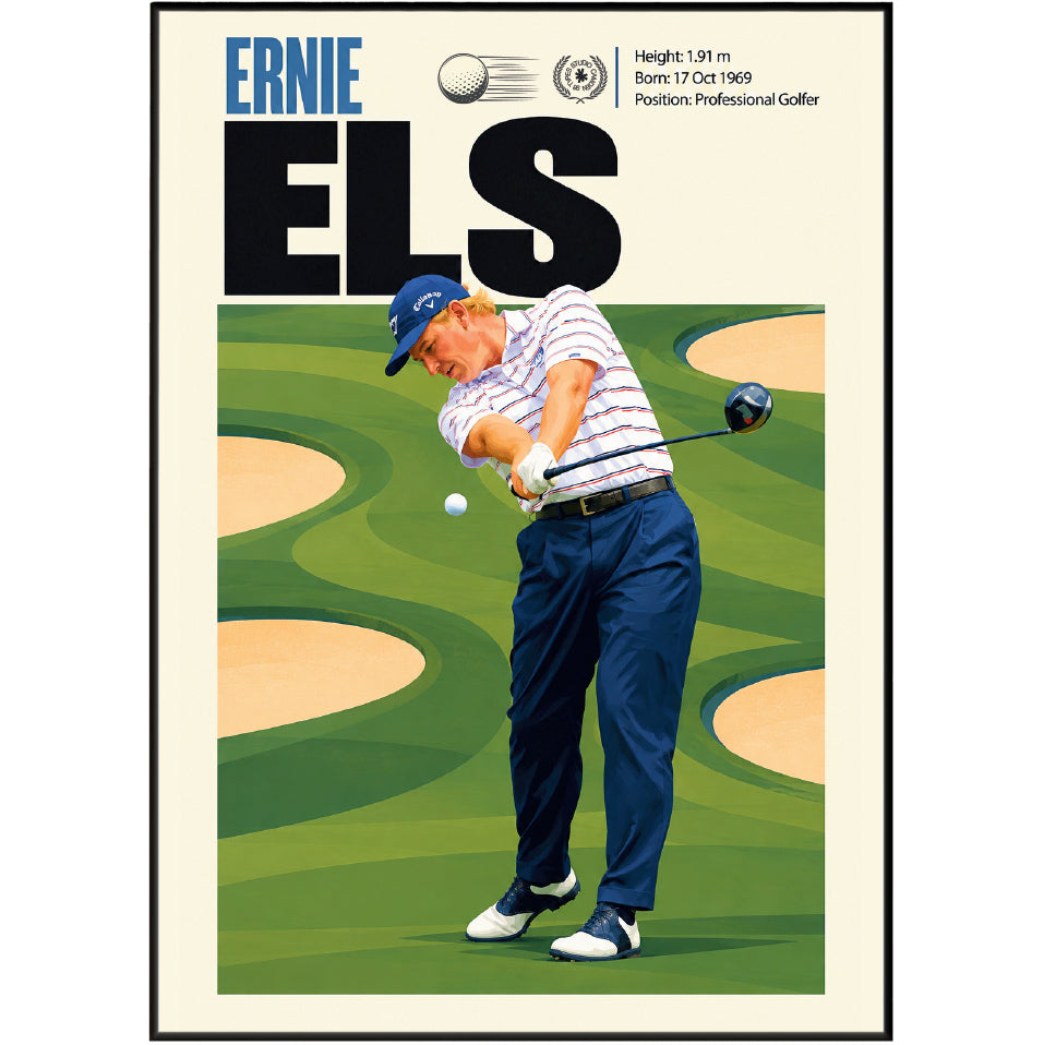 A framed golf poster featuring a stylized illustration of Ernie Els mid-swing on a green course. The poster has a cream background with bold black 'ELS' text, blue 'ERNIE' text, and biographical details at the top.