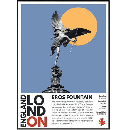 Eros Fountain Piccadilly Circus illustration poster — Shaftesbury Memorial Anteros statue London wall art print UK
