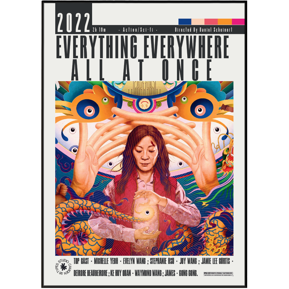 A square poster or print featuring illustrated cover art for '2022 at the All Atonement All at Once' with a central figure surrounded by colorful abstract faces and dragons, plus cast and crew names along the bottom.