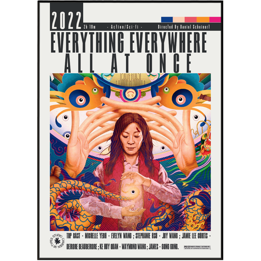 A square poster or print featuring illustrated cover art for '2022 at the All Atonement All at Once' with a central figure surrounded by colorful abstract faces and dragons, plus cast and crew names along the bottom.