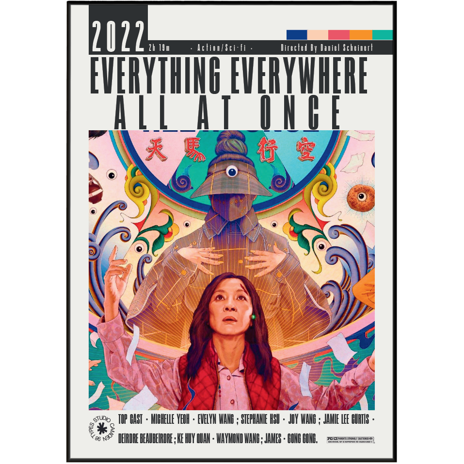 A movie poster for the film 'Everything Everywhere All at Once' featuring a colorful, psychedelic illustration of a woman in a pink jacket in front of a giant figure wearing a hat with an eye, with the title text at the top.