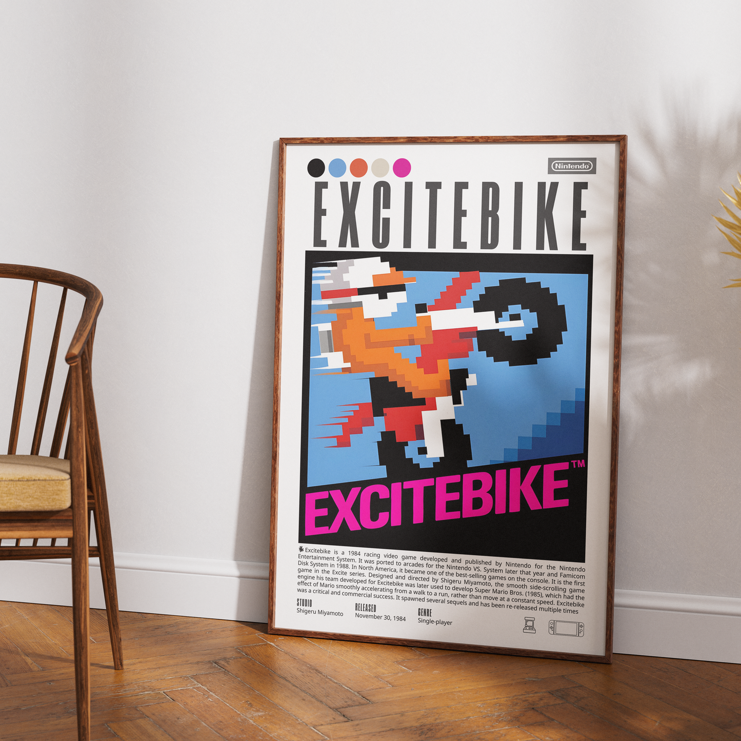 Excitebike 1984 retro game poster — Nintendo NES motocross racing wall art print UK