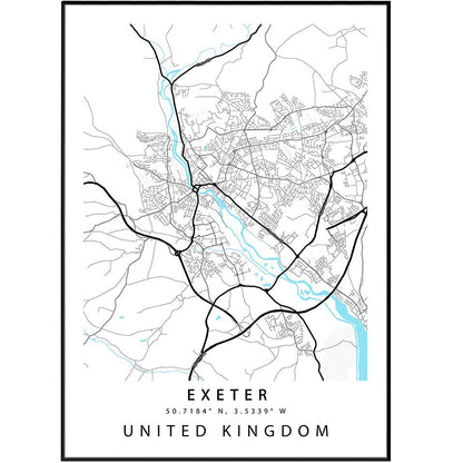 Exeter Devon street map print — cathedral city map wall art poster UK - 98types