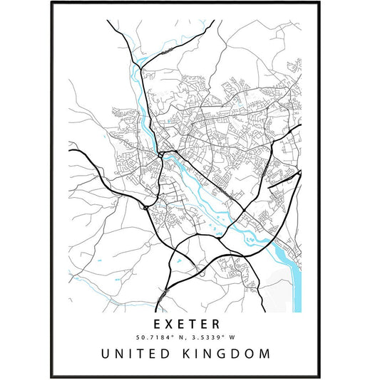 Exeter Devon street map print — cathedral city map wall art poster UK - 98types