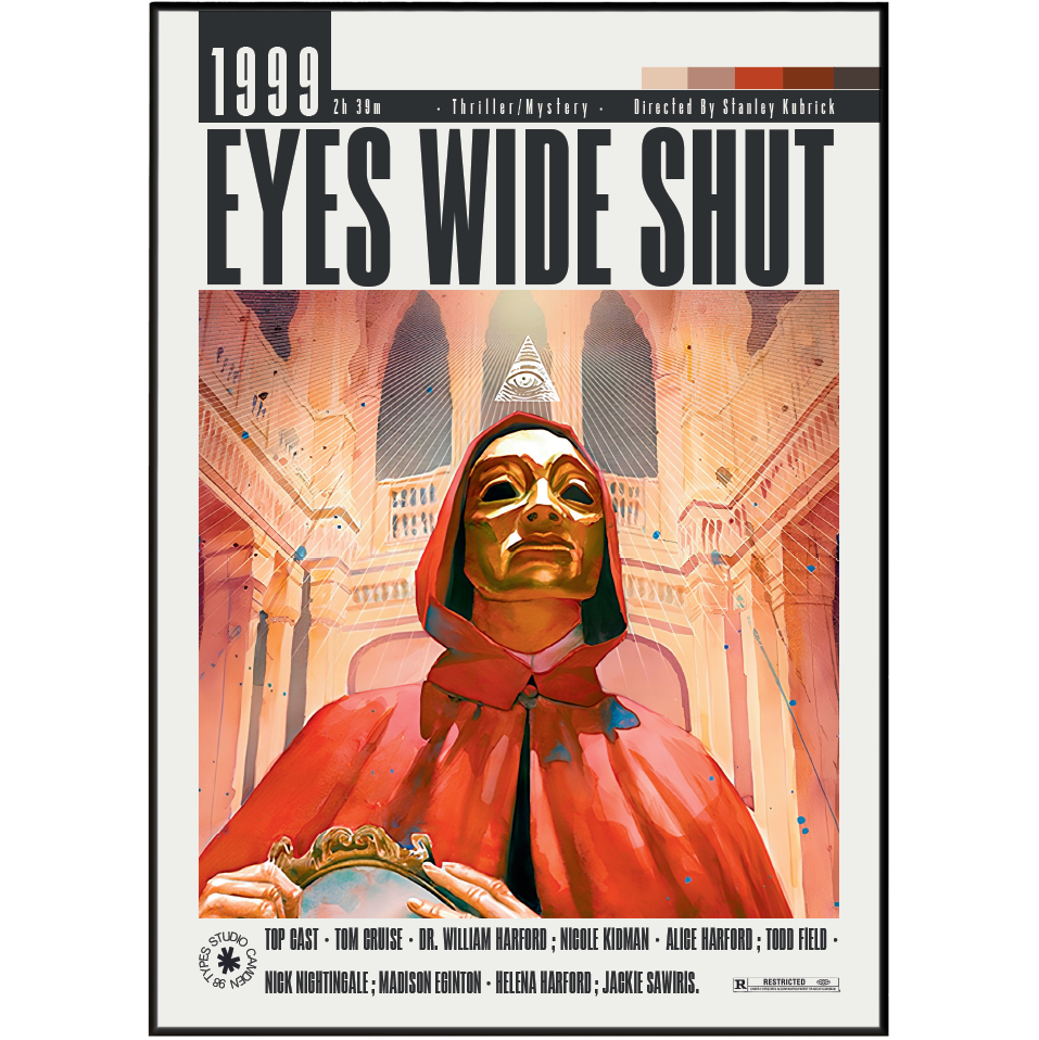 Front cover of the comic book '1999: Eyes Wide Shut', featuring a stylized illustration of a figure in a red hooded cloak holding a gold mask, set against a warm architectural background with the title in large black letters at the top.