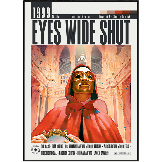 Front cover of the comic book '1999: Eyes Wide Shut', featuring a stylized illustration of a figure in a red hooded cloak holding a gold mask, set against a warm architectural background with the title in large black letters at the top.