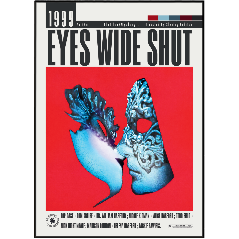 Movie poster for the 1999 film 'Eyes Wide Shut' featuring a bold red background, black title text, and two blue-toned masks forming a face. The poster includes cast names and production credits around the border.