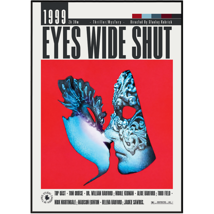 Movie poster for the 1999 film 'Eyes Wide Shut' featuring a bold red background, black title text, and two blue-toned masks forming a face. The poster includes cast names and production credits around the border.