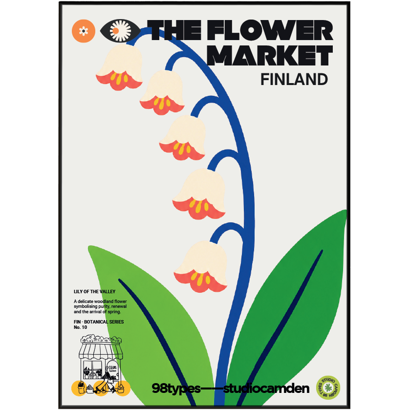 The Flower Market Finland Lily of the Valley botanical poster print UK — national flower graphic wall art 260gsm printed in England Camden Market
