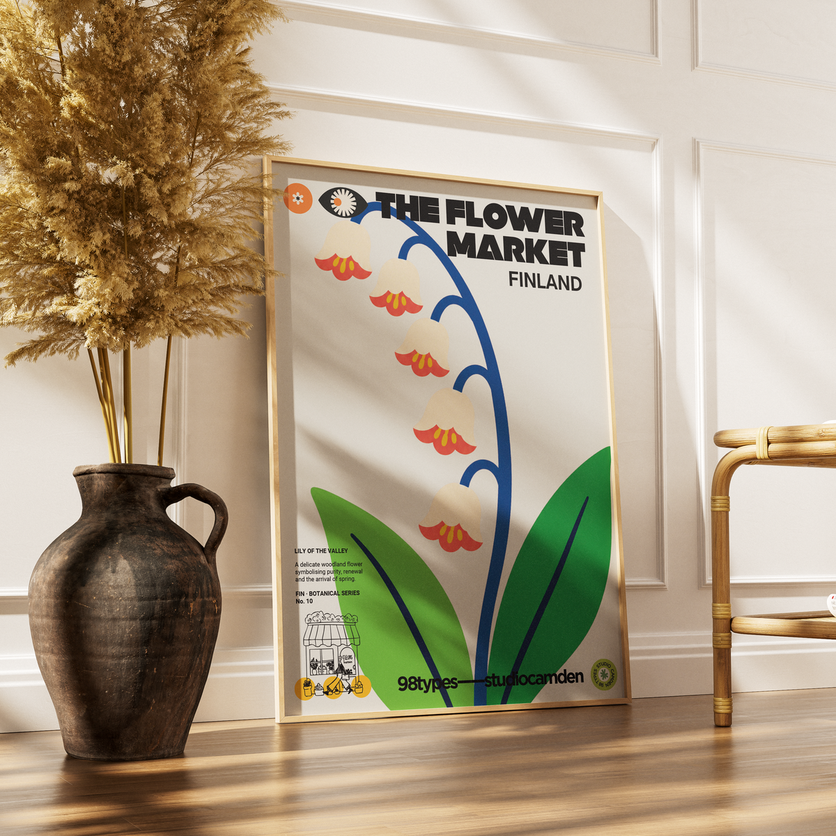 The Flower Market Finland Lily of the Valley botanical poster print UK — national flower graphic wall art 260gsm printed in England Camden Market