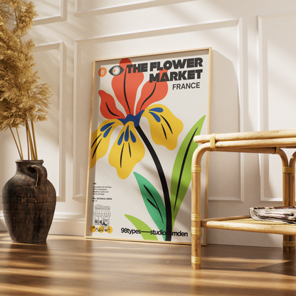 The Flower Market France Iris fleur-de-lis botanical poster print UK — French royal emblem graphic wall art 260gsm printed in England Camden Market