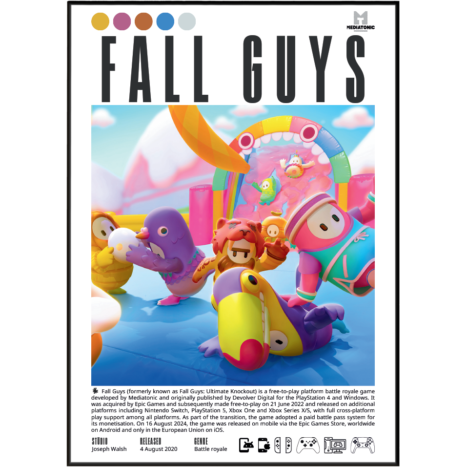 Front cover of the board game Fall Guys, showing the game title in large black letters, a colorful illustrated scene with multiple cartoon characters, and a black border with small printed details along the bottom.