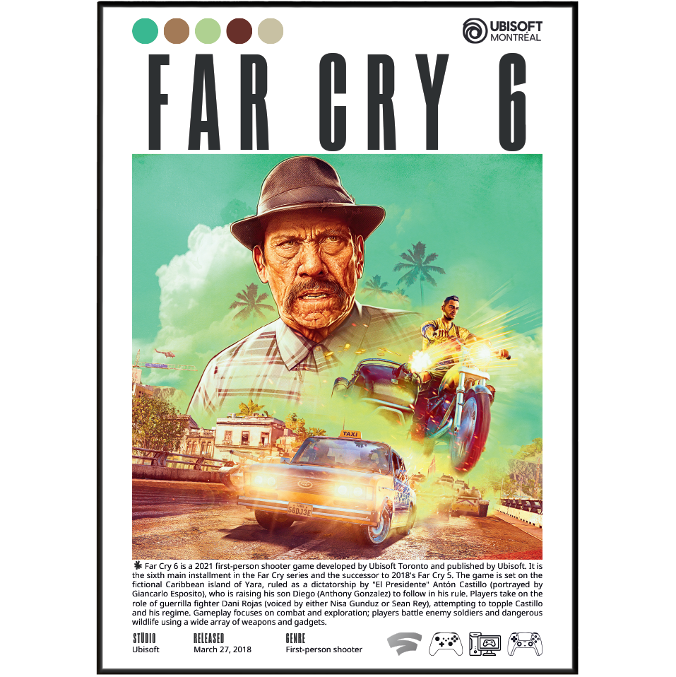 Far Cry 6 2021 FPS poster — Dani Rojas Yara Anton Castillo Giancarlo Esposito wall art print UK