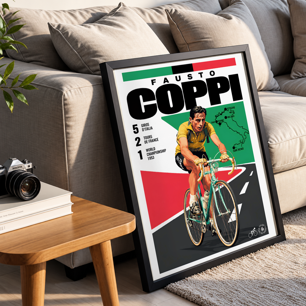 Fausto Coppi poster, Italian cycling wall art print in a pain cave - 98types