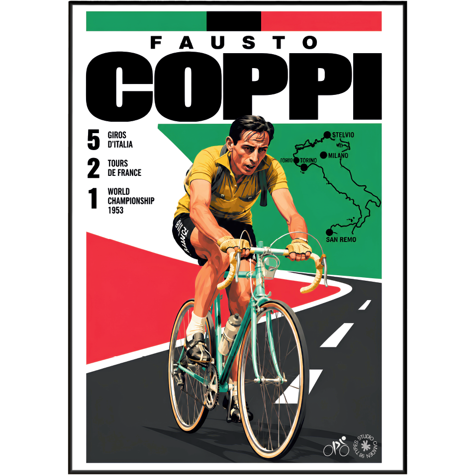 Fausto Coppi poster, Italian cycling wall art print in a pain cave - 98types