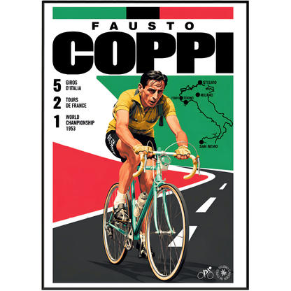 Fausto Coppi poster, Italian cycling wall art print in a pain cave - 98types