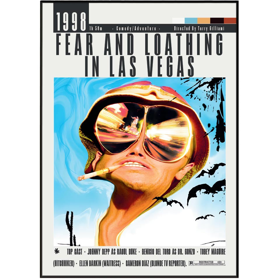 A movie poster for the 1998 film 'Fear and Loathing in Las Vegas' shown against a white background. The poster features a stylized portrait of a man wearing a red helmet and reflective aviator sunglasses, with a cigarette in his mouth, set against a blue sky with black bats and cacti.