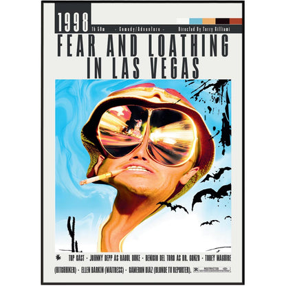 A movie poster for the 1998 film 'Fear and Loathing in Las Vegas' shown against a white background. The poster features a stylized portrait of a man wearing a red helmet and reflective aviator sunglasses, with a cigarette in his mouth, set against a blue sky with black bats and cacti.