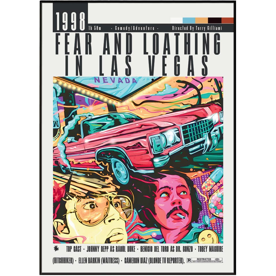 A stylized poster or print for the 1998 film 'Fear and Loathing in Las Vegas' showing a colorful illustrated car, neon signs, faces, and bold title text on a white background with a thin black border.