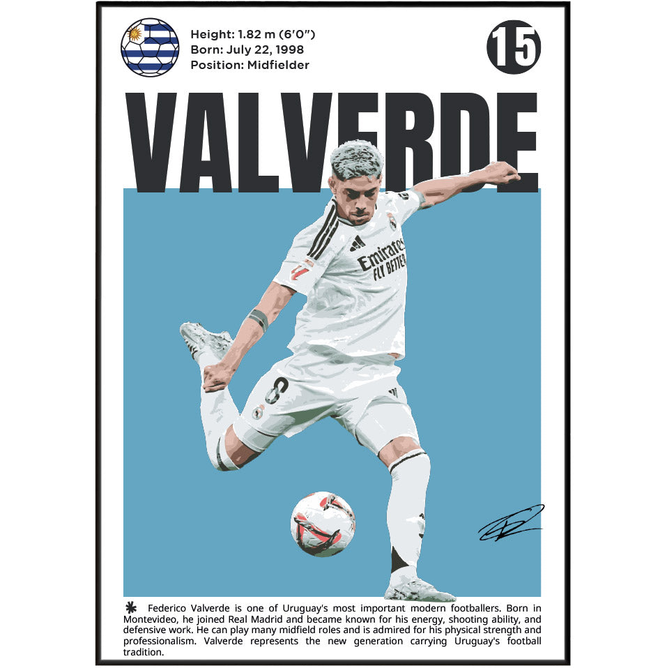 A vertical soccer poster featuring a photo of midfielder Federico Valverde in a white Real Madrid jersey, with his name in large black letters, a light blue background block, and biographical text at the bottom.