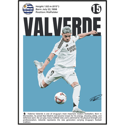 A vertical soccer poster featuring a photo of midfielder Federico Valverde in a white Real Madrid jersey, with his name in large black letters, a light blue background block, and biographical text at the bottom.