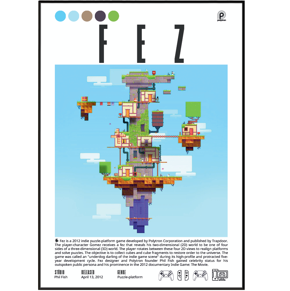 Fez 2012 video game poster — Polytron Gomez 2D 3D perspective puzzle wall art print UK
