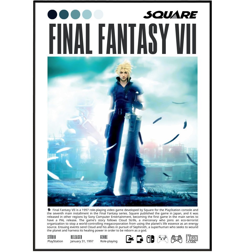 Final Fantasy VII 1997 game poster — Cloud Strife Aerith Sephiroth Midgar JRPG wall art print UK
 - 98types