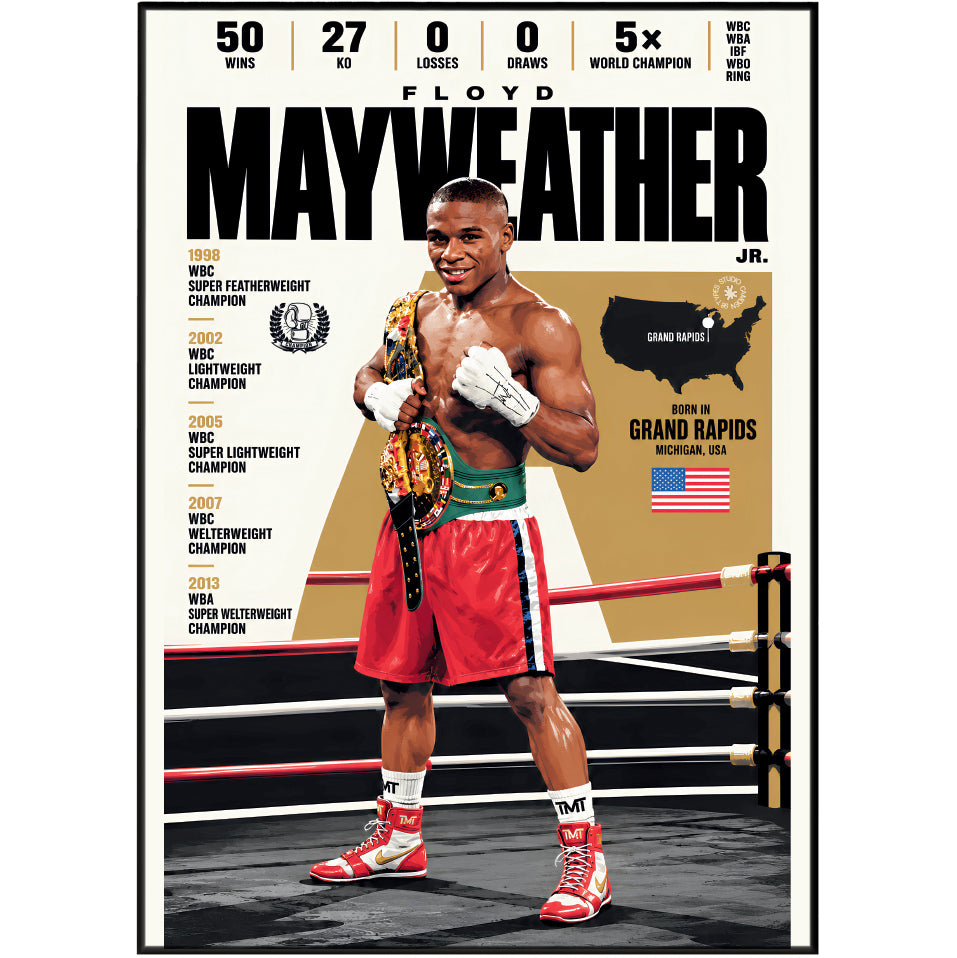 A framed poster print of Floyd Mayweather Jr. standing in a boxing ring, wearing red shorts, white gloves, and a gold championship belt.