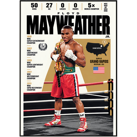 A framed poster print of Floyd Mayweather Jr. standing in a boxing ring, wearing red shorts, white gloves, and a gold championship belt.