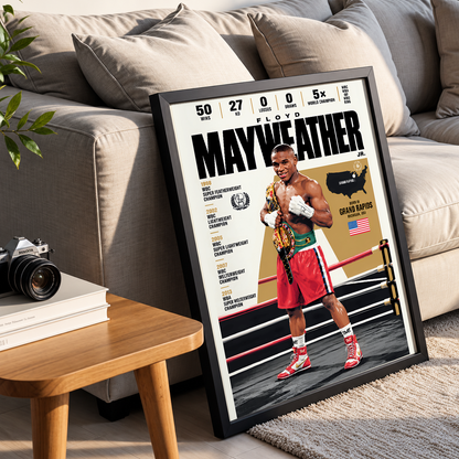 A framed sports poster of Floyd Mayweather leaning against a beige sofa in a living room setting, with a small wooden side table and camera in the foreground.