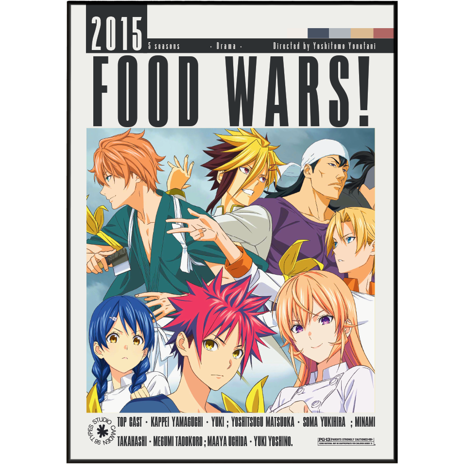Front cover of the 2015 anime film 'Food Wars!'. The cover features a group illustration of the main characters from the series, including Kenma, Yuji, Rintaro, and Ataru, with the title 'FOOD WARS!' in large bold letters at the top.