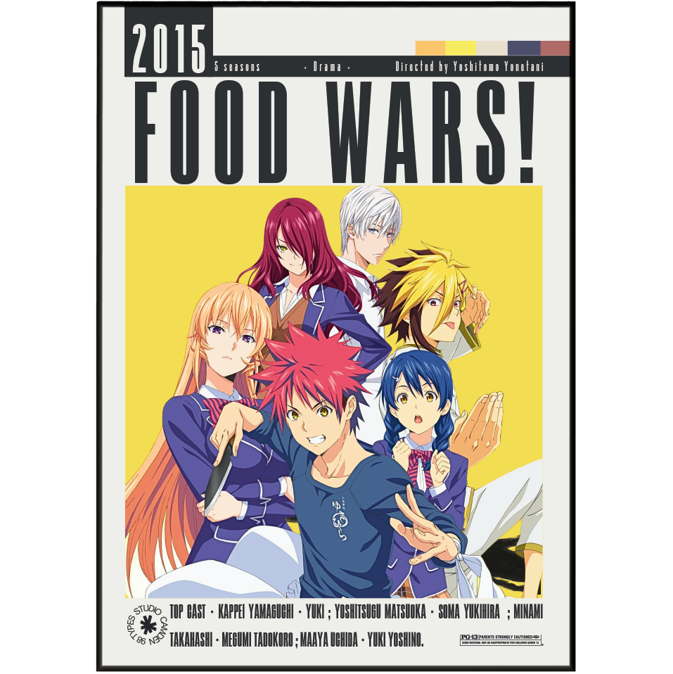 A printed poster or cover-style artwork for the anime series Food Wars! featuring illustrated characters in school uniforms against a yellow background, with large title text at the top and a black border around the design.