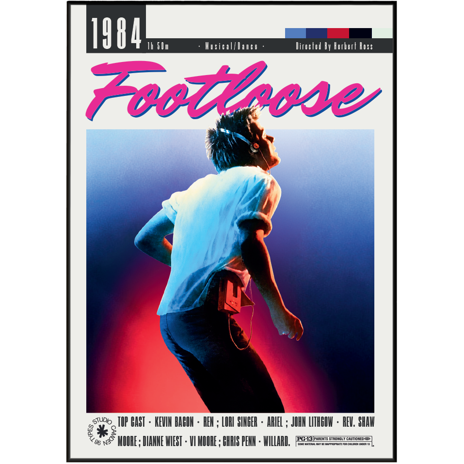 Footloose 1984 Herbert Ross film poster print UK — Kevin Bacon 80s dance classic feel-good wall art 260gsm printed in England Camden Market