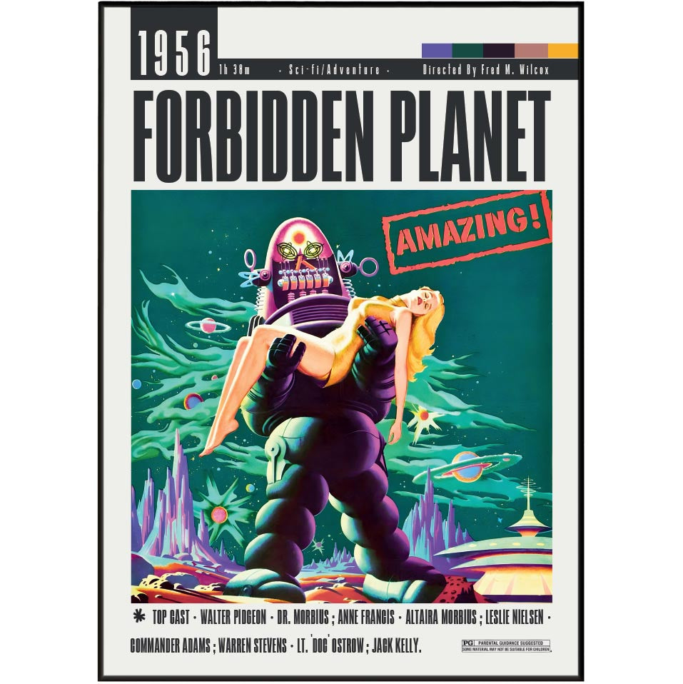 A movie poster for the 1956 film Forbidden Planet, featuring a retro sci-fi illustration of a giant alien holding a blonde woman in a purple spacesuit against a green alien landscape. The poster has a black border and text including the title 'FORBIDDEN PLANET', '1956', and 'AMAZING!'.