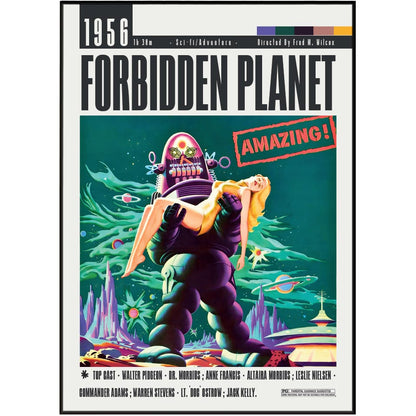 A movie poster for the 1956 film Forbidden Planet, featuring a retro sci-fi illustration of a giant alien holding a blonde woman in a purple spacesuit against a green alien landscape. The poster has a black border and text including the title 'FORBIDDEN PLANET', '1956', and 'AMAZING!'.
