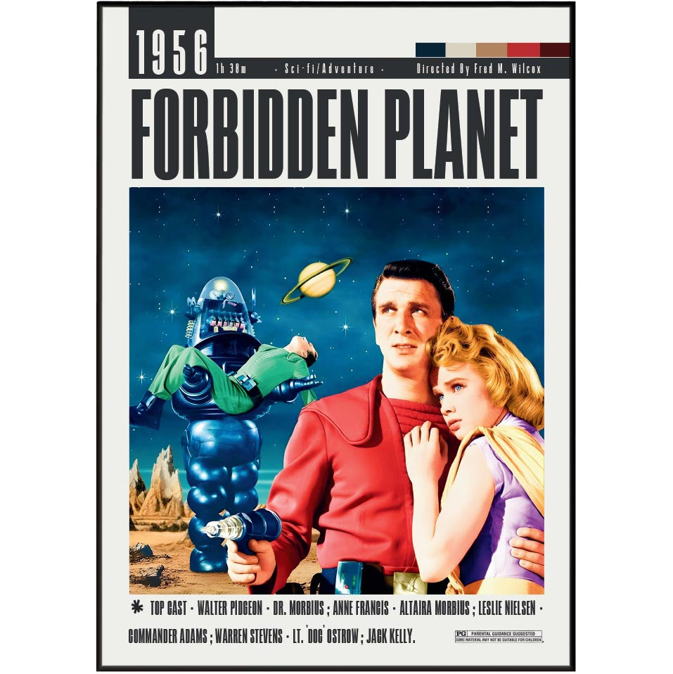 Vintage movie poster for the 1956 film Forbidden Planet, featuring a sci-fi illustration of a man and woman with a metallic robot against a starry blue space background. The title 'FORBIDDEN PLANET' is printed prominently at the top.